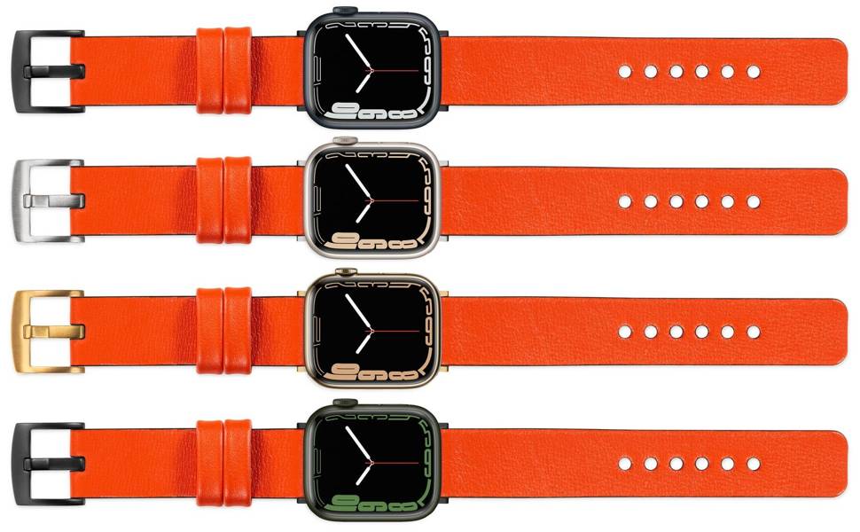 moVear Prestige S1 Skórzany pasek 18mm do Apple Watch 9 / 8 / 7 / 6 / 5 / 4 / SE (45/44mm) & Ultra (49mm) | Pomarańczowy [adapter i klamra do wyboru]