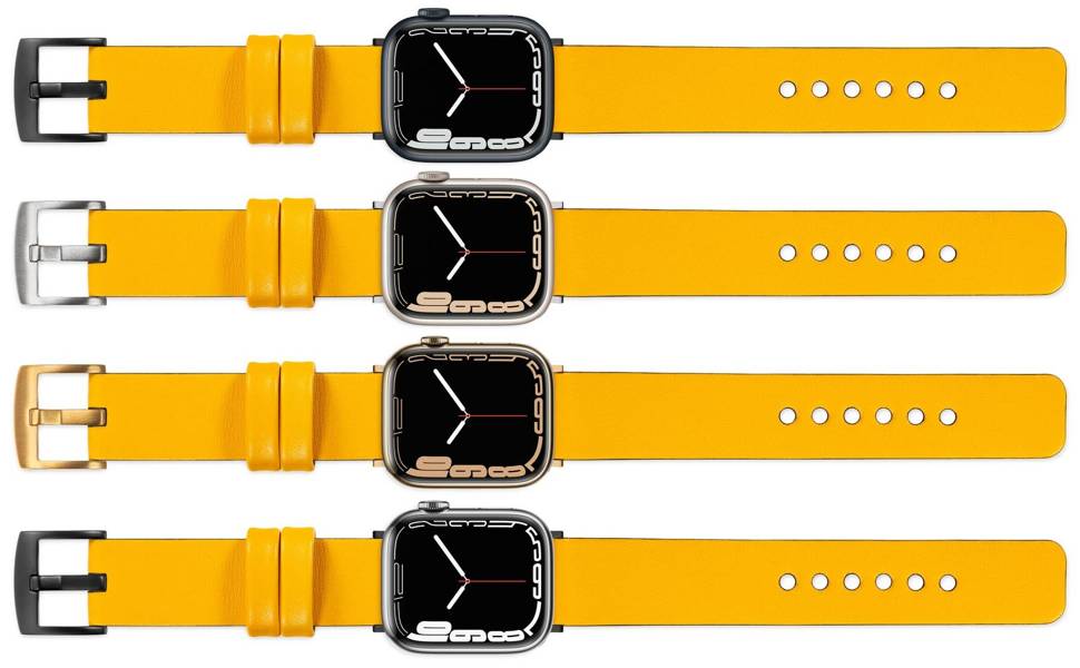 moVear Prestige S1 Skórzany pasek 22mm do Apple Watch 9 / 8 / 7 / 6 / 5 / 4 / SE (45/44mm) & Ultra (49mm) | Żółty [adapter i klamra do wyboru]