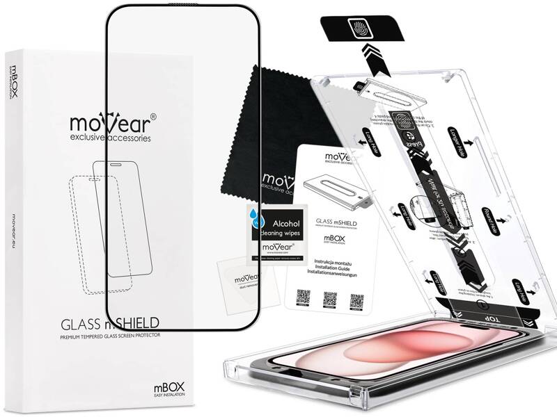 moVear mBOX GLASS mSHIELD 2.5D MAX MATT do Apple iPhone 15 (6,1") (Antyrefleksyjne, kompatybilne z etui, z Aplikatorem)