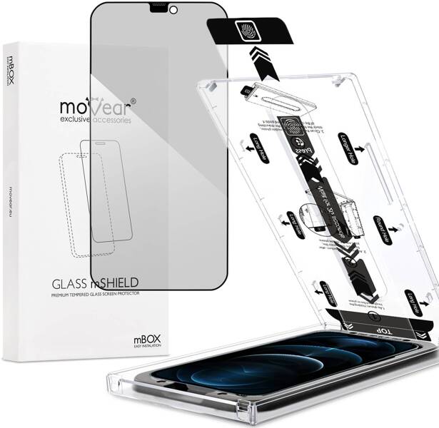 moVear mBOX GLASS mSHIELD 2.5D MAX privacy do Apple iPhone 12 Pro Max (6.7") (Anty spy, z Aplikatorem)