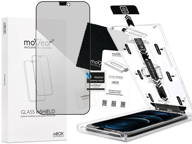 moVear mBOX GLASS mSHIELD 2.5D MAX privacy do Apple iPhone 12 Pro Max (6.7") (Anty spy, z Aplikatorem)