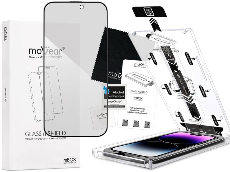 moVear mBOX GLASS mSHIELD 2.5D MAX privacy do Apple iPhone 14 Pro Max (6.7") (Anty spy, z Aplikatorem)