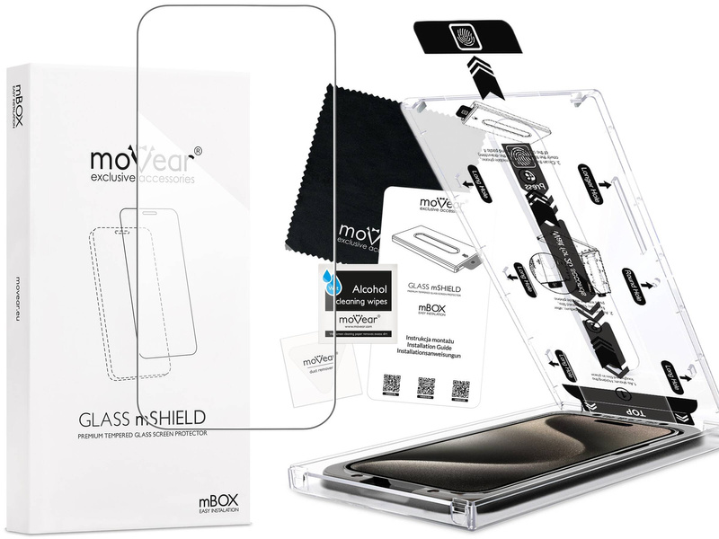 moVear mBOX GLASS mSHIELD 2.5D do Apple iPhone 16 / 15 / 15 Pro (6.1") (łatwy montaż)