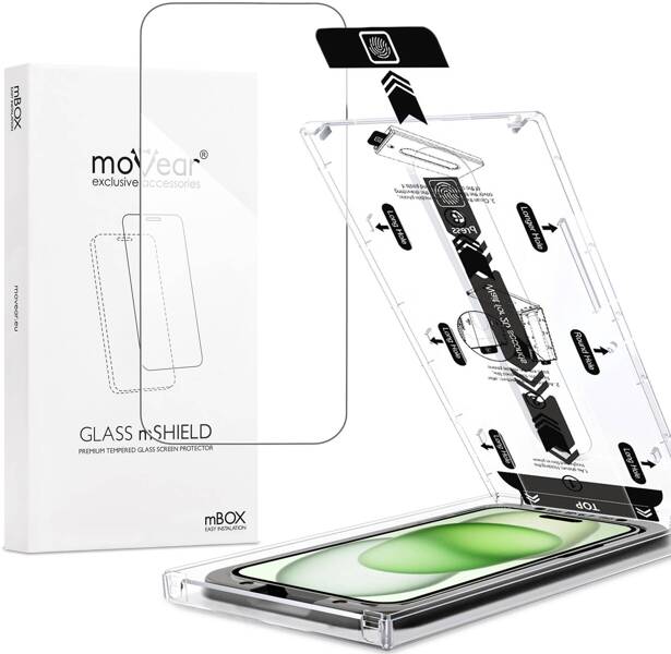 moVear mBOX GLASS mSHIELD 2.5D do Apple iPhone 16/15 Plus / 15 Pro Max (6.7") (łatwy montaż)