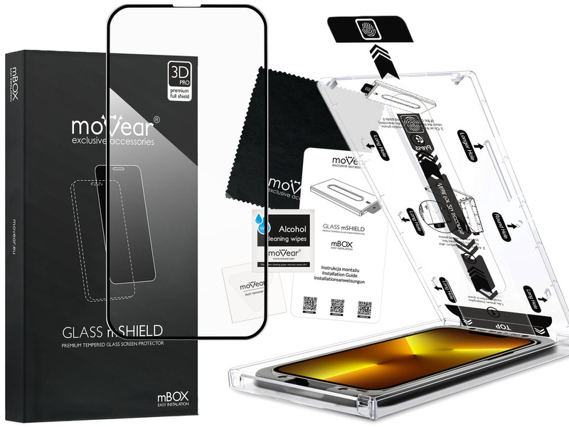 moVear mBOX GLASS mSHIELD 3D PRO do Apple iPhone 14 / 13 / 13 Pro (6.1") (łatwy montaż)