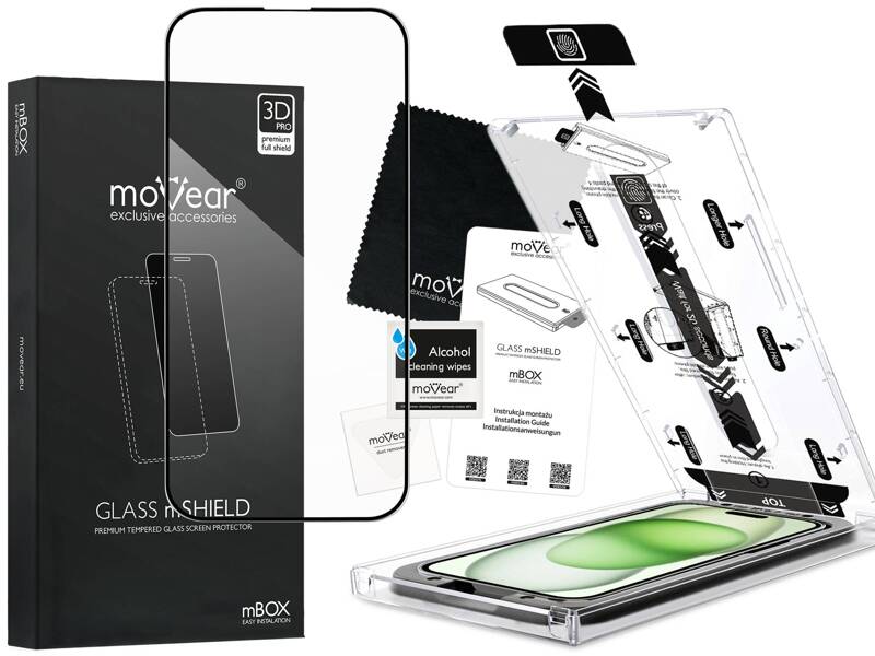 moVear mBOX GLASS mSHIELD 3D PRO do Apple iPhone 16 Plus / 15 Plus (6.7") (łatwy montaż)