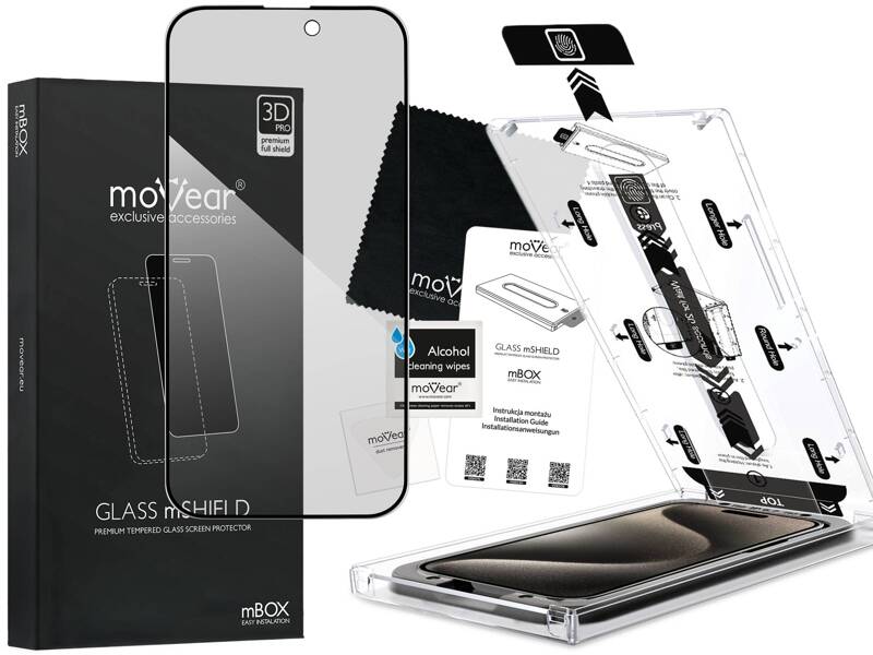 moVear mBOX GLASS mSHIELD 3D PRO privacy do Apple iPhone 15 Pro (6.1") (Prywatyzujące, z Aplikatorem)